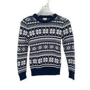 J Crew Fair Isle Navy Blue Crew Neck Sweater Sz Youth M Snowflakes Winter